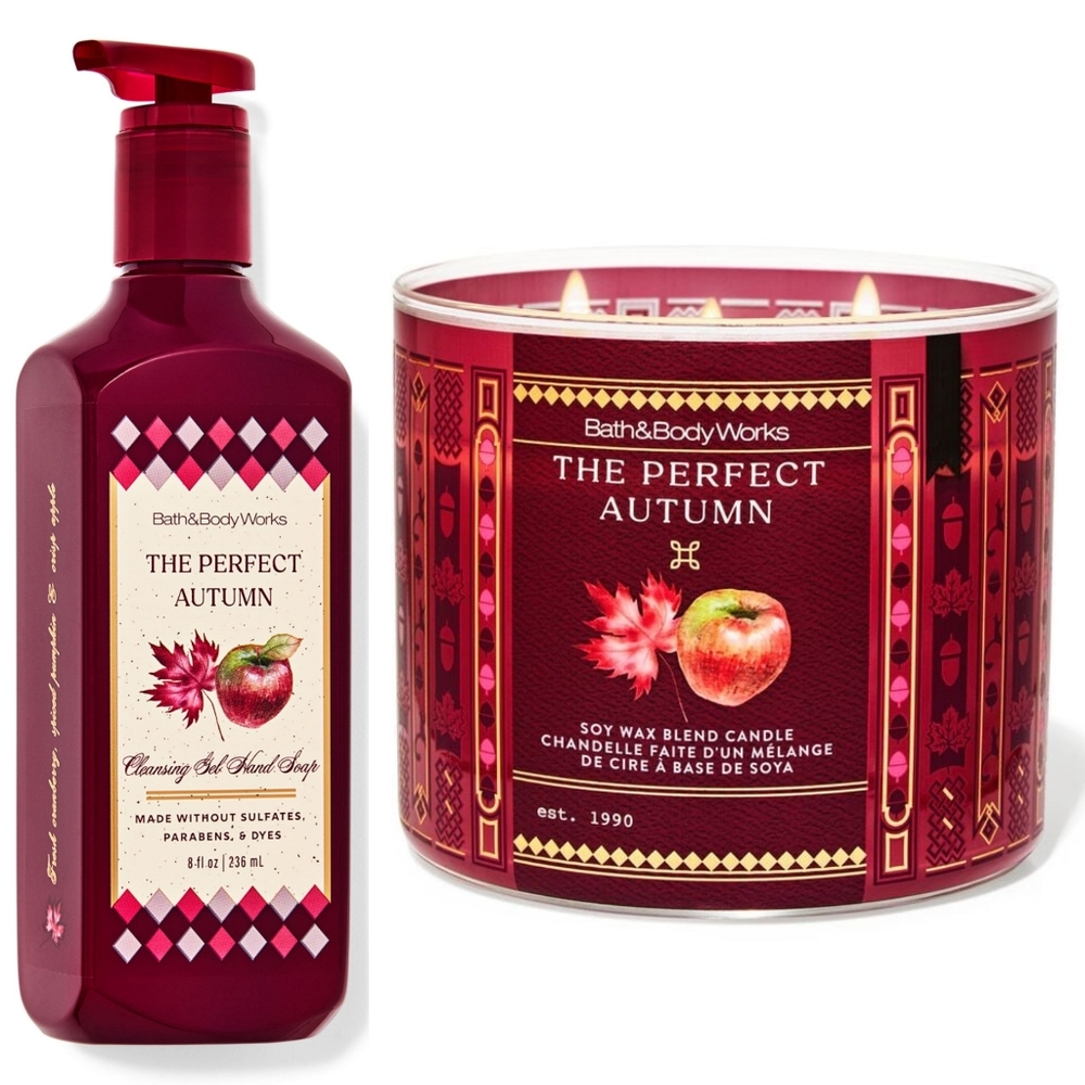 Bath & Body Works The Perfect Autumn Gel Hand Soap & 3-Wick Candle Set NEW
